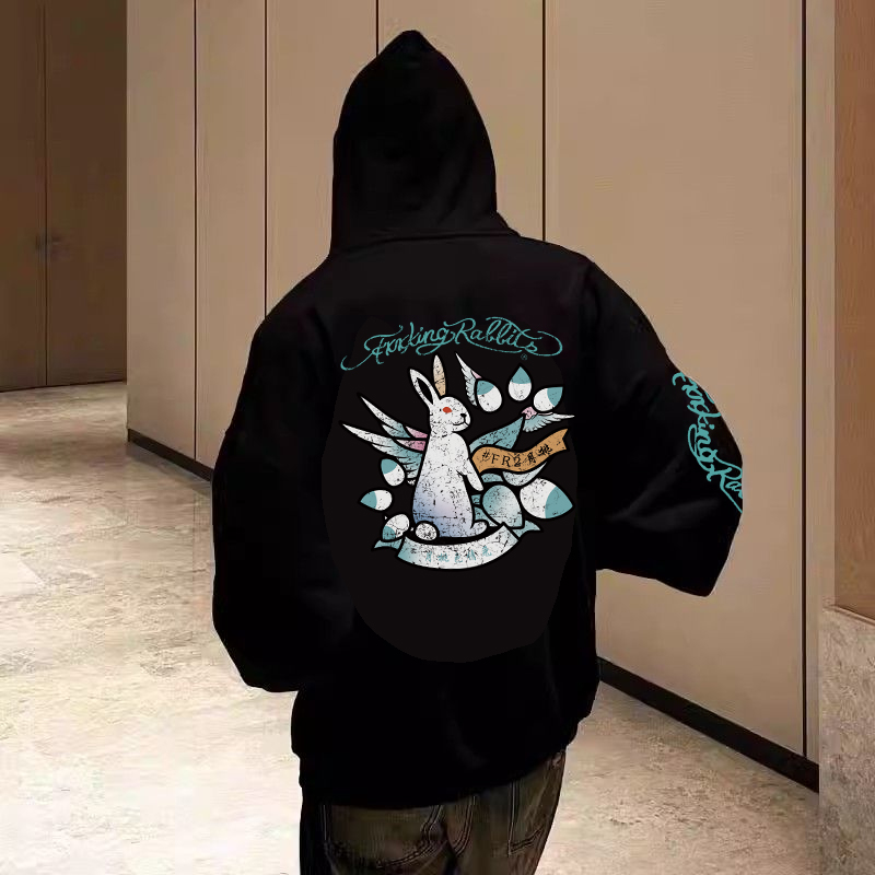 #FR2月桃色情兔美式复古连帽卫衣