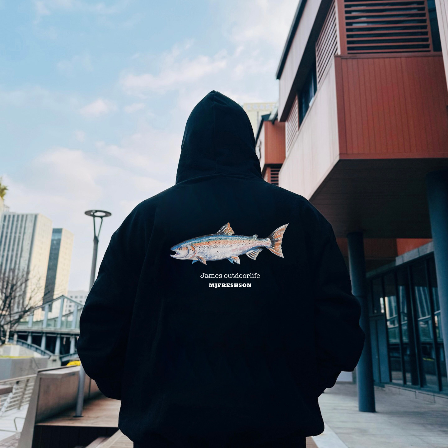 溪有物鉴“鲑鱼”手绘路亚钓鱼佬户外日系潮流休闲美式连帽卫衣,男装,卫衣,淘宝优惠券,粉丝福利购,淘宝优惠卷