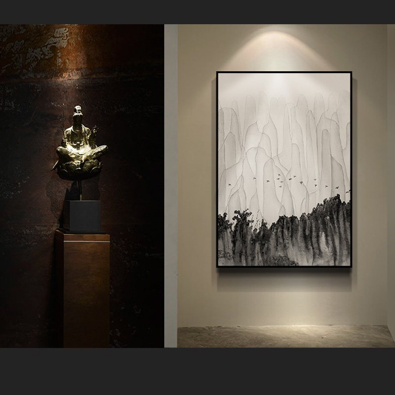 水墨禅意新中式山水风景装饰画玄关国画书房三联客厅壁画现代简约