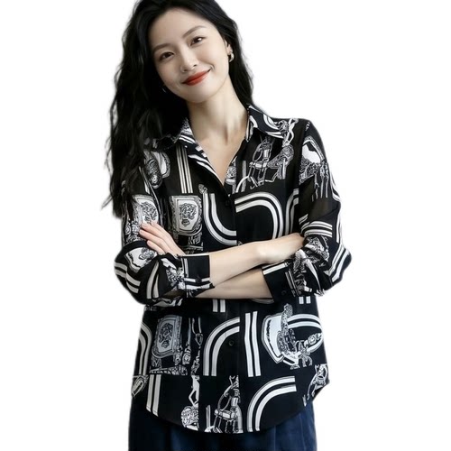 老钱风印花宽松型衬衫女2026秋季新款韩版宽松设计感极简风短外套