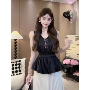 辣妹纯欲风v领无袖 外穿纯色收腰显瘦气质上衣 吊带背心女夏季 新款