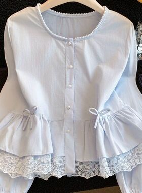 2026甜美减龄蕾丝花边拼下摆泡泡袖衬衫女春季荷叶边裙摆小衫上衣