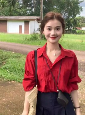 韩式轻职风红色防晒衬衫女夏季2026新款外搭薄款长袖防晒个性上衣