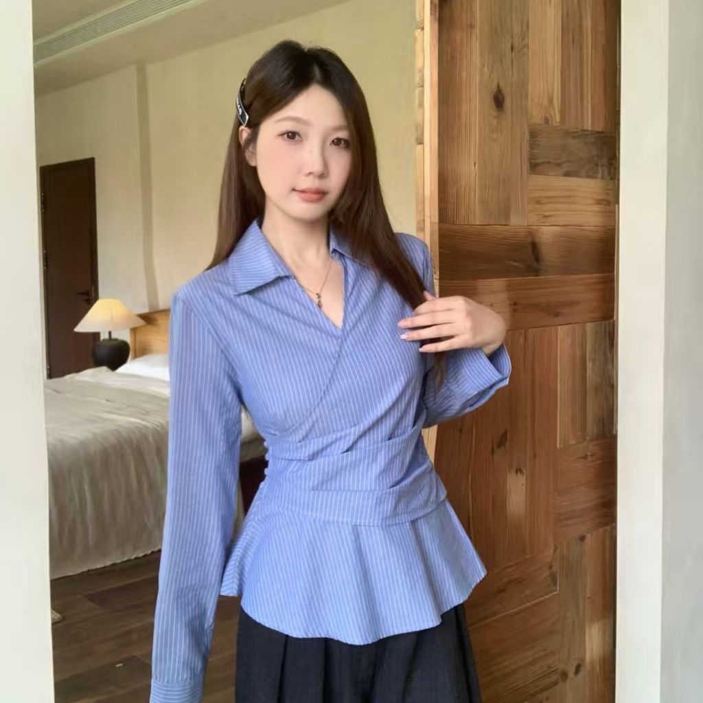 大码微胖法式长袖衬衫女装2025新款秋季胖MM遮肉显瘦衬衣条纹上衣