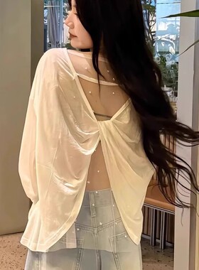 纯欲风后背镂空网纱2026新款拼接扭结长袖t恤女款爆款防晒衫上衣