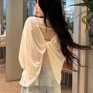 防晒衫 纯欲风后背镂空网纱2025新款 爆款 t恤女款 上衣 拼接扭结长袖