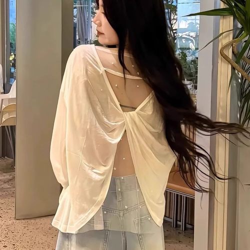 纯欲风后背镂空网纱2026新款拼接扭结长袖t恤女款爆款防晒衫上衣