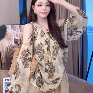 女宽松慵懒风长袖 韩版 气质挂脖露肩衬衫 时尚 上衣 水墨印花微透薄款