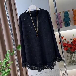 0291蕾丝边设计冬季加绒加厚宽松显瘦大版中长款卫衣休闲长袖上衣