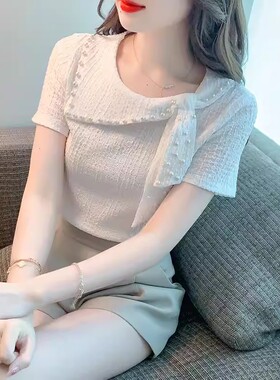 短袖夏季2026年新款高级感别致漂亮蕾丝t恤钉珠上衣女夏款设计感