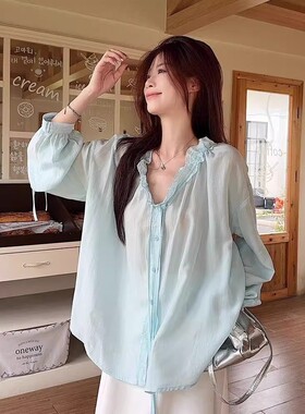 韩系不规则荷叶边设计感薄款长袖防晒衬衫2026夏季新甜美上衣女