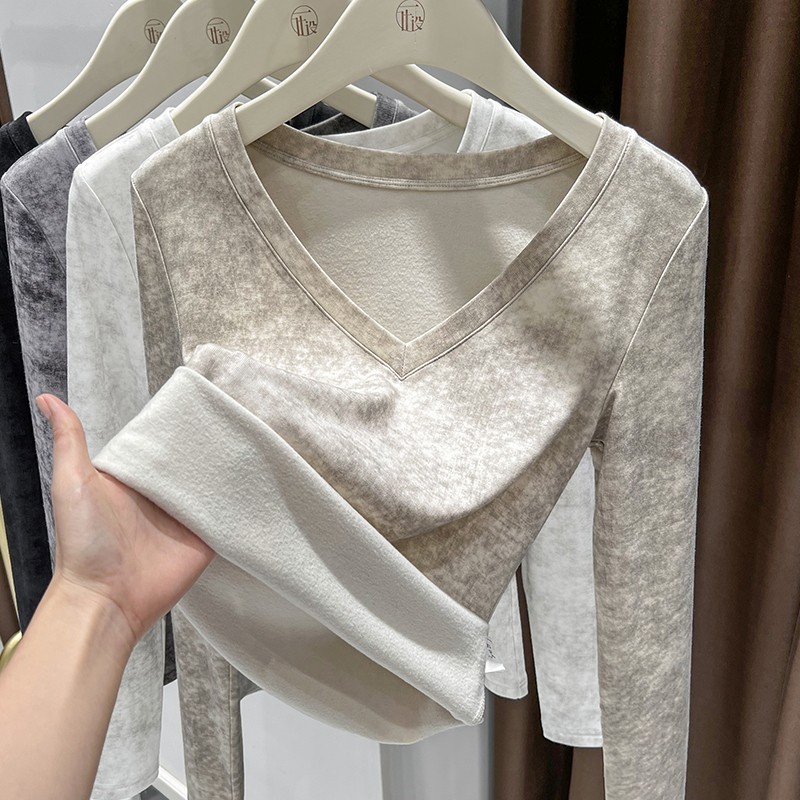 扎染修身v领中式国风内搭打底衫可外穿软糯面膜秋季气质收腰上衣