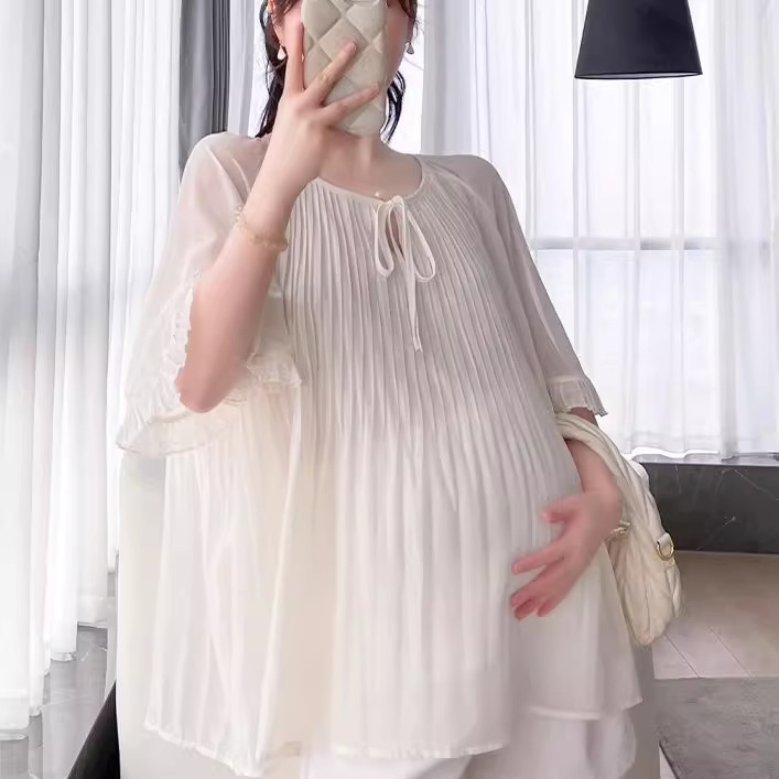 孕妇装轻薄透气夏季新款中袖雪纺娃娃衫女装宽松大码衬衫显瘦上衣