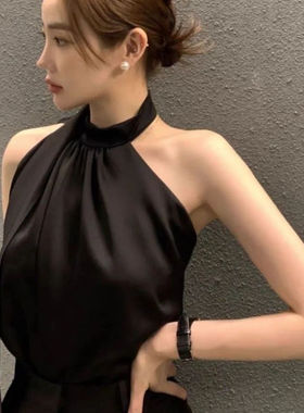 雪纺缎面不规则挂脖衬衫女夏季新款性感露锁骨百搭高级感小衫上衣