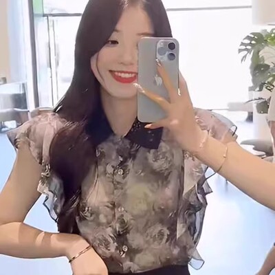 水墨画印花雪纺衬衫女夏季2025新款高级感荷叶边短袖时尚减龄上衣