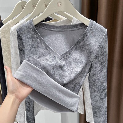 大v领上衣女高级感扎染磨毛打底衫秋冬内搭可外穿保暖修身长袖t恤