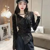 V领设计感重工闪钻打底衫 上衣内搭t恤 短款 女2025秋新款 不规则修身