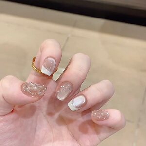 新款纯手工法式格纹碎钻波点猫眼成品短款美甲日常短款防水可拆卸