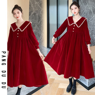 孕妇装红色洋装结婚敬酒服回门礼服大摆裙遮肚大尺码长裙子秋冬装