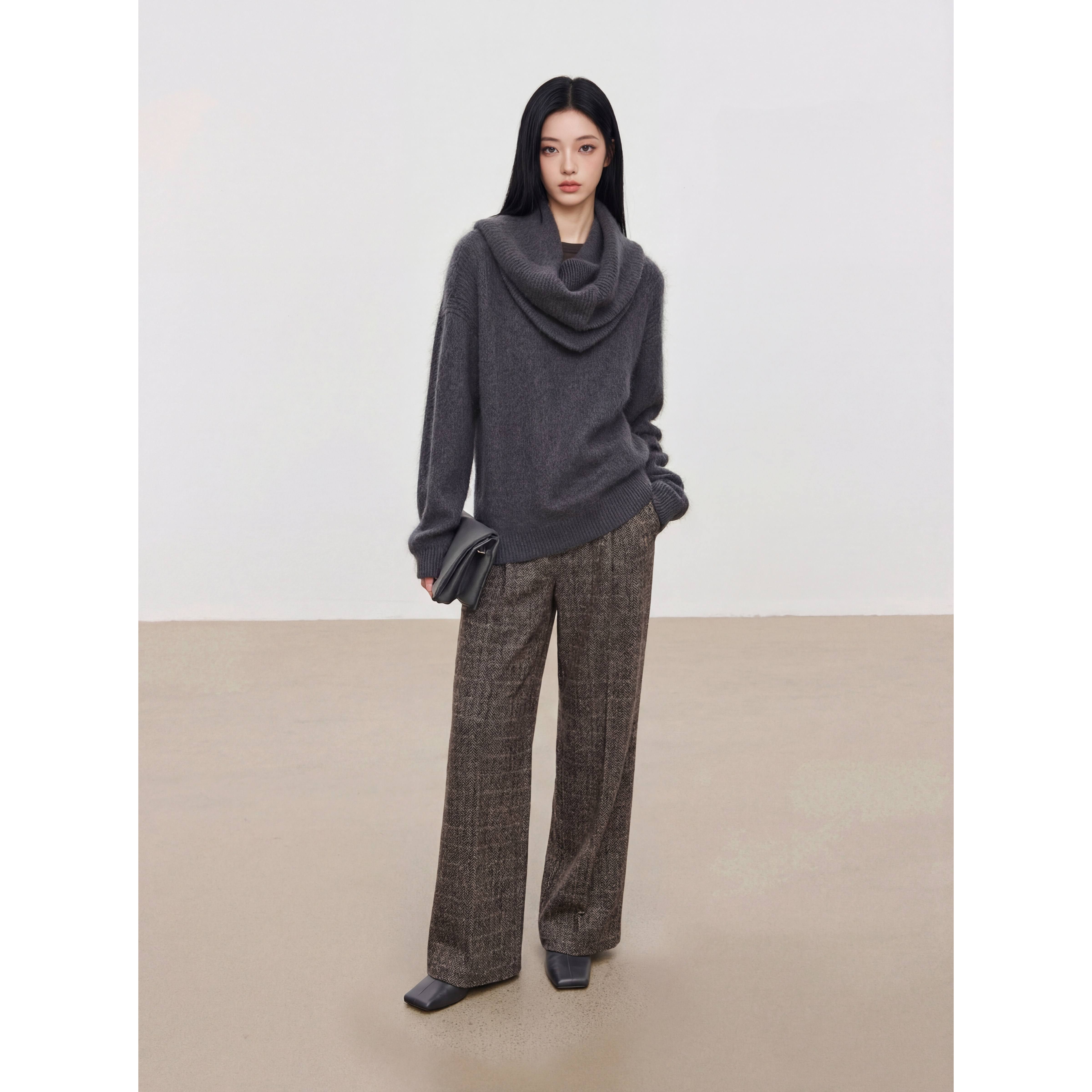 【钱老板推荐】女款秋冬高腰垂坠感宽松格纹阔腿休闲裤TT53P044