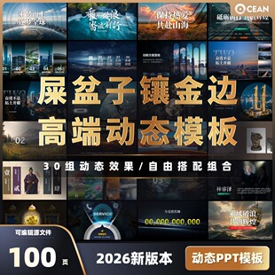 【动态】PPT模板100页高端动态设计30组动画屎盆子镶金边平滑切换