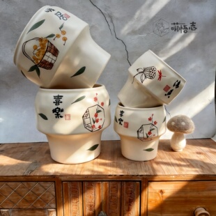 景德镇陶瓷花盆新中式暖居喜乐手绘蝴蝶兰桌面客厅小花盆现代简约