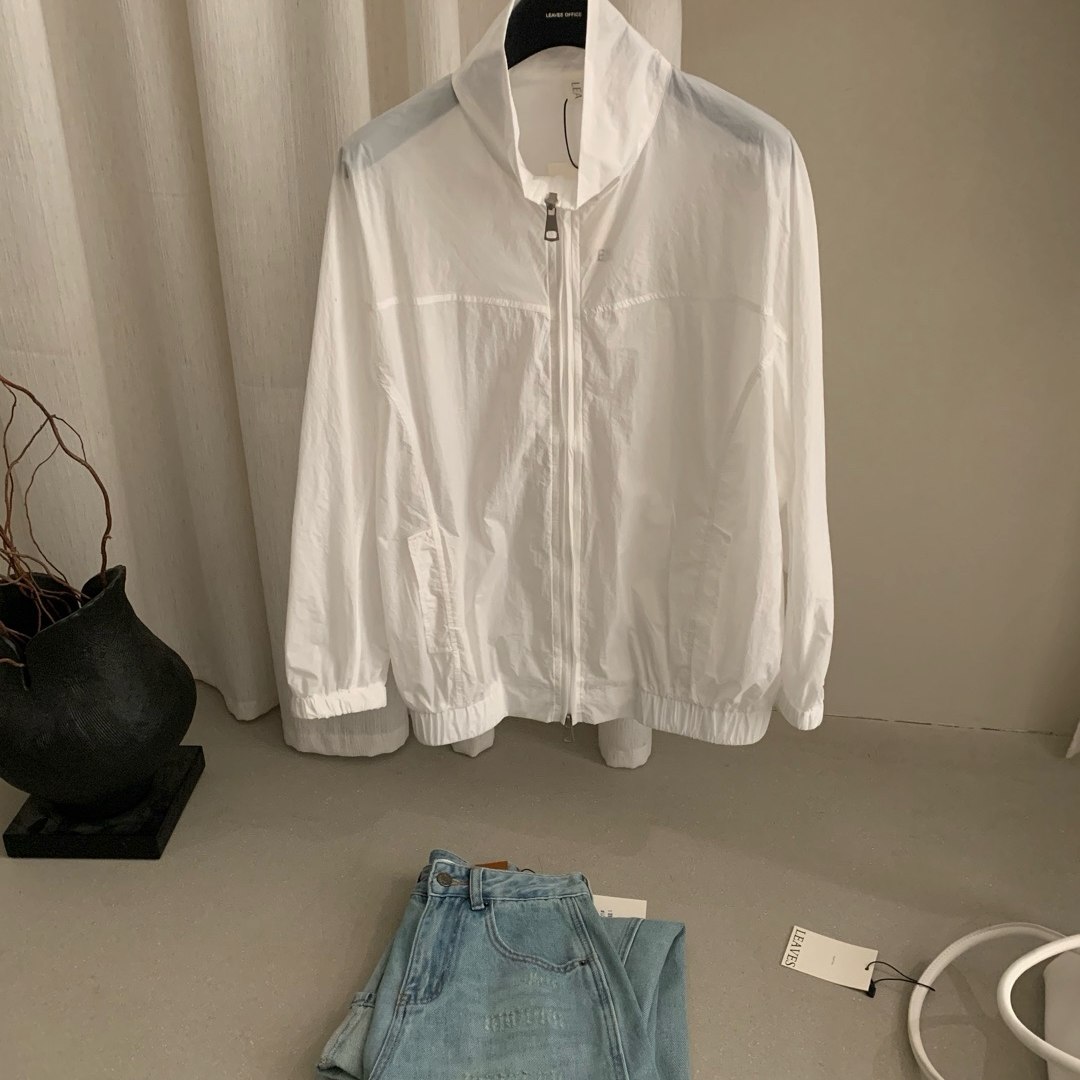 LEAVES叶子家简约BF风白色立领拉链冲锋衣外套女春季宽松短款夹克