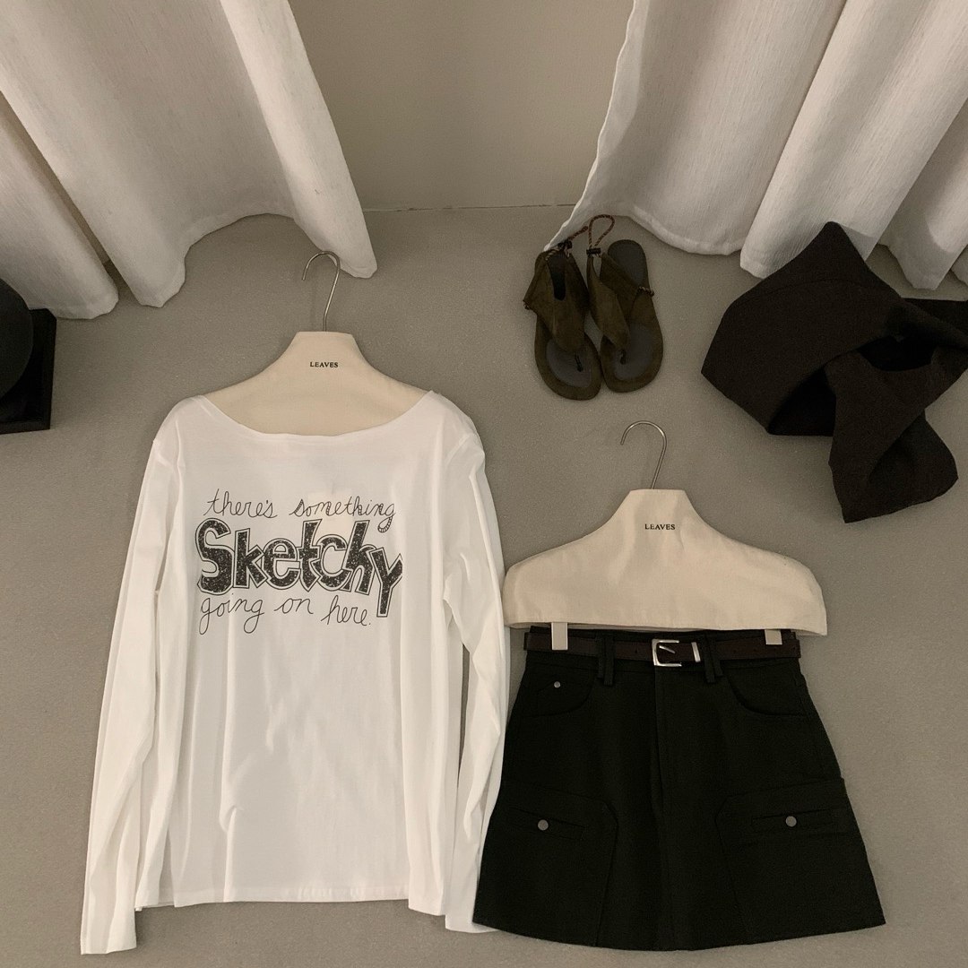 LEAVES叶子家白色字母印花长袖T恤女春季宽松斜肩穿搭休闲上衣ins