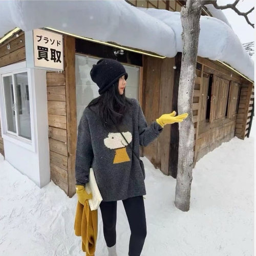 韩系小狗提花加厚宽松套头毛衣女