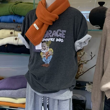 LEAVES叶子家卡通印花短袖拉绒T恤女2025冬灰色宽松百搭减龄上衣