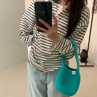 LEAVES叶子家半开领条纹长袖 t恤女早秋款 宽松显瘦百搭休闲打底衫