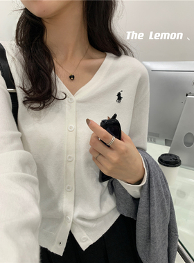 THE LEMON拉夫战马小马标刺绣针织开衫女初秋薄款修身气质V领上衣