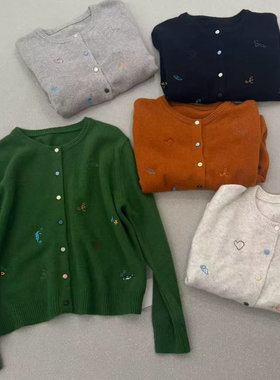 LEAVES叶子家简约休闲刺绣樱桃单排扣针织开衫毛衣女2025秋冬新款