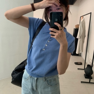 简约翻领针织T恤女减龄温柔纯色百搭短袖 LEAVES叶子家早秋款 上衣