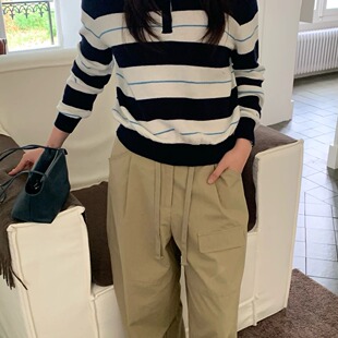 LEAVES叶子家撞色翻领条纹圆领针织衫女早秋款长袖休闲设计感上衣