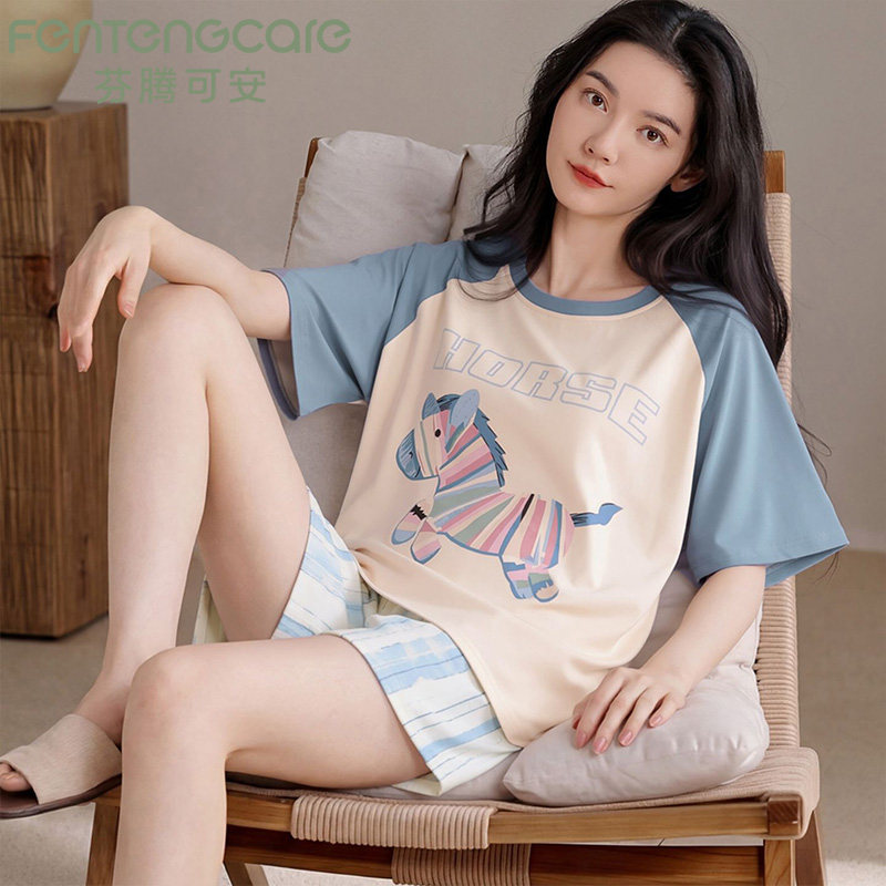 芬腾可安2026夏季新款睡衣女士圆领短袖短裤舒适带胸垫家居服套装