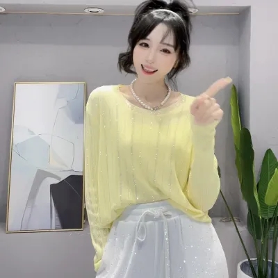 夏季新款原创小众设计冰丝重工烫钻显瘦亲肤百搭长袖短款针织上衣