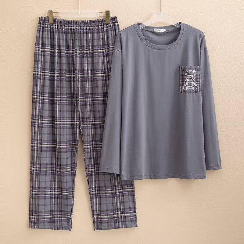 韩版情侣睡衣格子女长袖200斤宽松男纯棉家居服秋冬胖MM特大码
