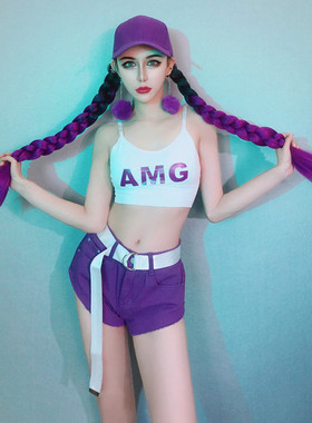 紫色字母吊带牛仔舞队组合gogo夜店主题秀巡场派对ds演出服新款