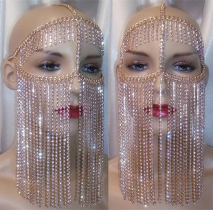 新款舞台ds演出饰品金属头链条head chains闪钻面罩面具流苏口罩