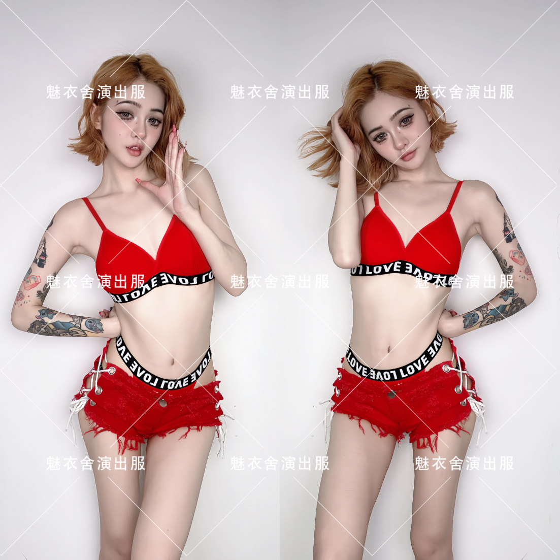 节日酒吧GOGO服装女领舞性感DS演出服dj舞台性感红色比基尼套装