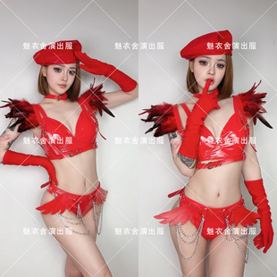 女夜店酒吧DS演出服性感舞台gogo巡场套装 红色漆皮分体套装 新款