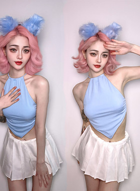 夜店酒吧ds演出服新款女团gogo性感蓝色挂脖吊带背心百褶裙套装潮