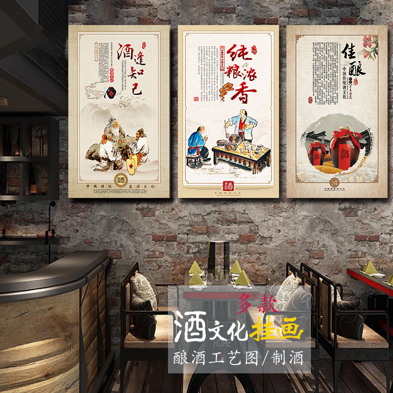 酒文化装饰挂画酒行酒馆酒厂酒窖壁画酿酒工艺图白酒宣传海报贴画