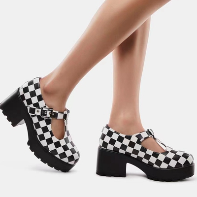 中跟鞋黑白格子少女圆头搭洛丽