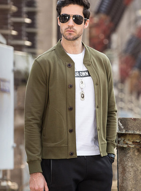 AK男装集市店春秋绿色卫衣男休闲外套上衣2024新款纽扣开衫棒球服