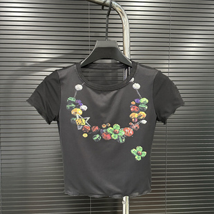 实拍 2025夏季新款彩色复古项链印花木耳边黑色网纱T恤修身显瘦女