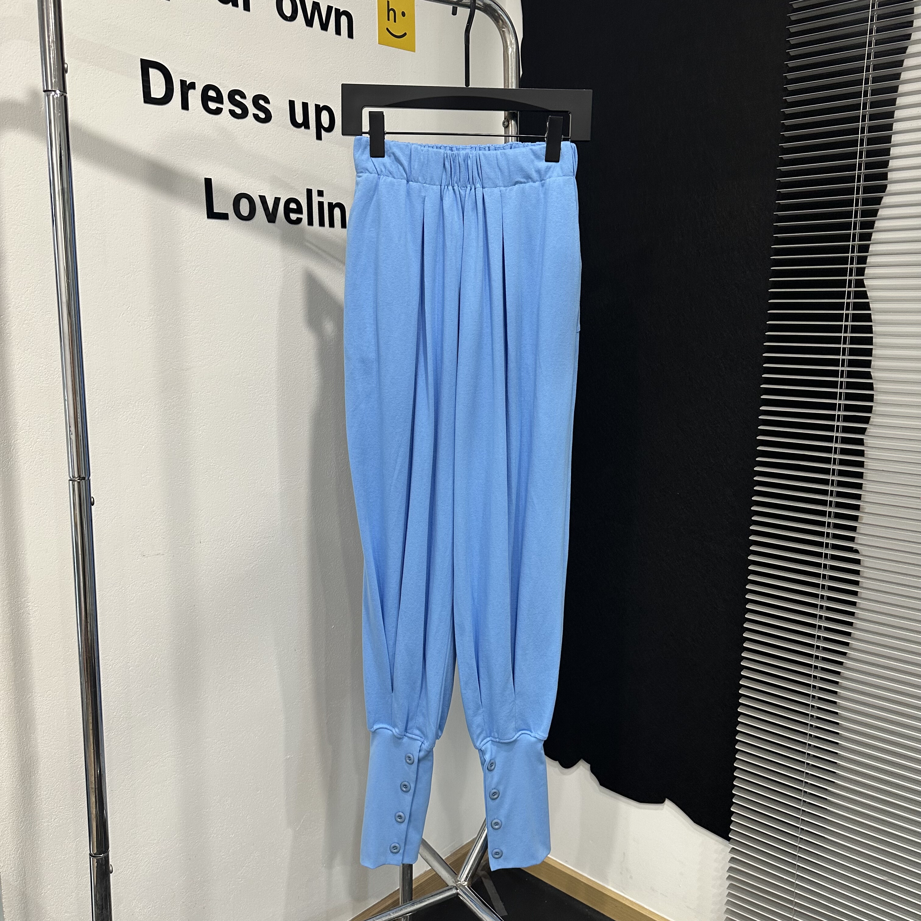 工厂店 慵懒感松紧腰宽松纽扣脚踝羊腿裤休闲收腿卫裤长裤蓝色女