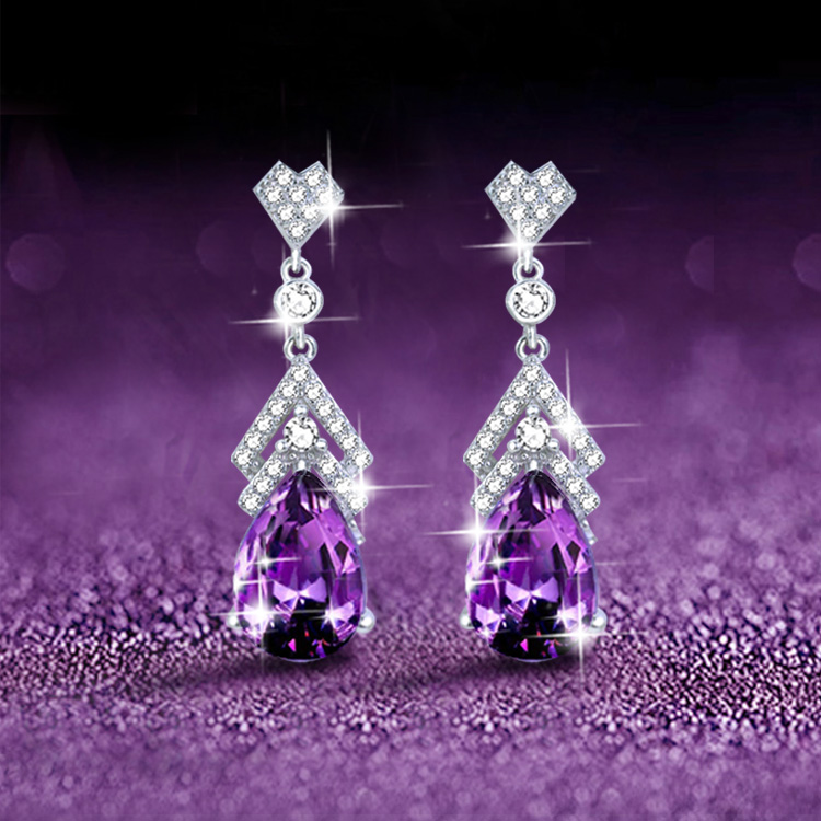 天然紫色水晶纯银耳钉女士轻奢高级感红宝石耳环耳饰妈妈生日礼物