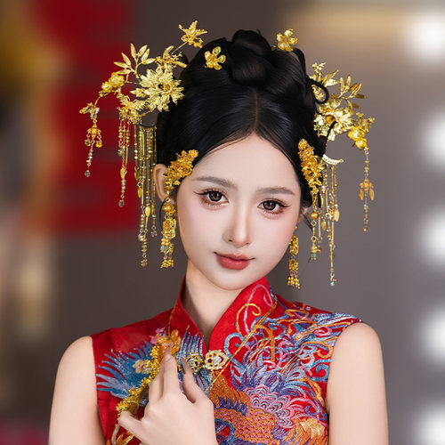 金色新娘发饰精致花朵侧边刘海串珠流苏发夹古典订婚旗袍头饰套装